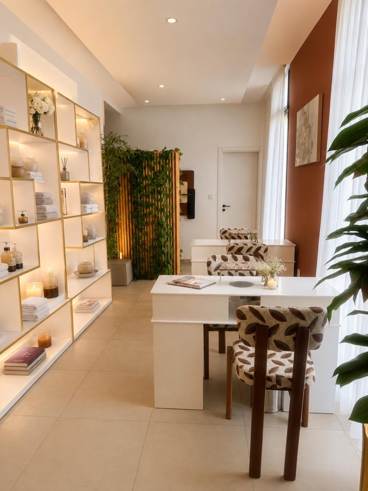 L'espace beauté du spa SO'MOON : étagères de produits et table de manucure