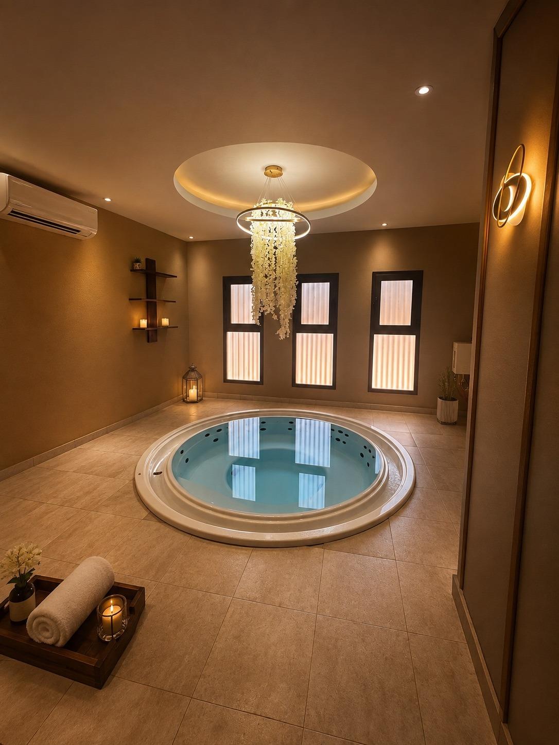 Le bassin du spa SO'MOON, éclairé, avec serviettes et bougies au premier plan