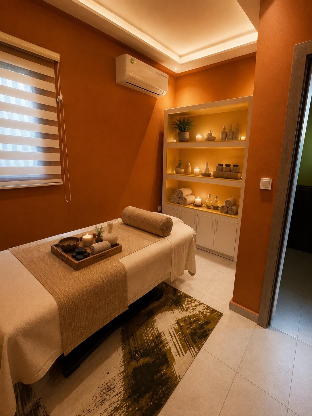 Une cabine de soin du spa SO'MOON : table de massage, linge plié et étagère de produits