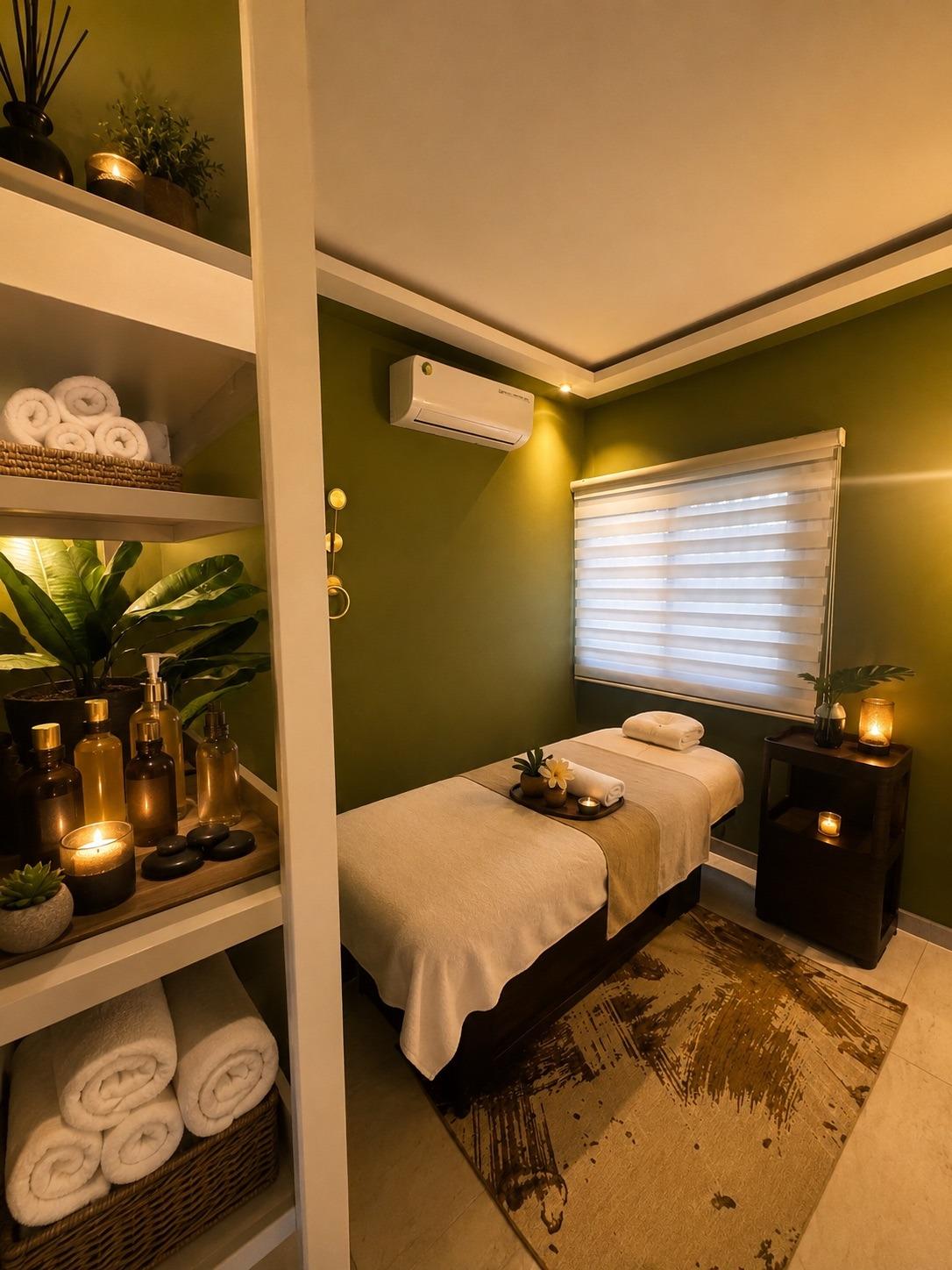 Une cabine de soin du spa SO'MOON, table de massage, plantes et bougies