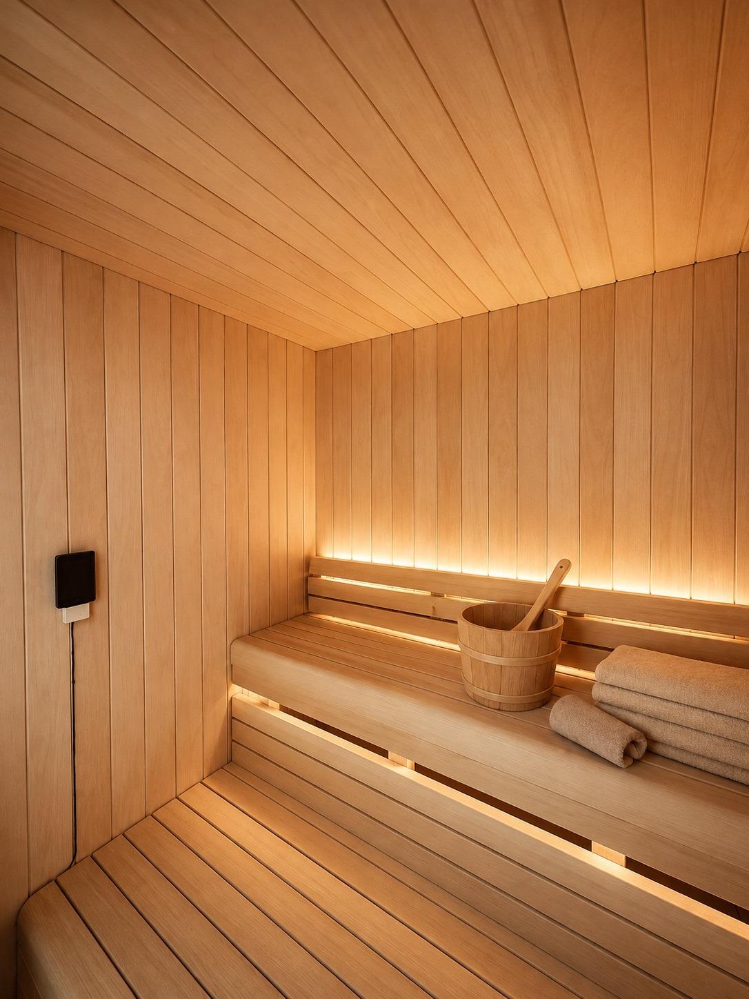 Le sauna du spa SO'MOON : cabine en lattes de bois, banquettes et seau