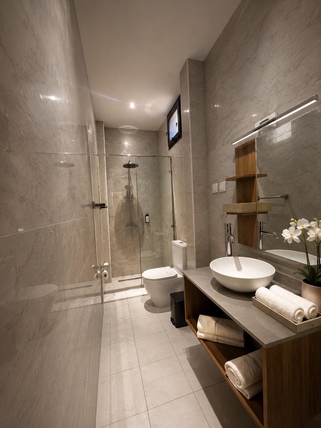 Suite SO'MOON — la douche vitrée et la vasque, en hauteur