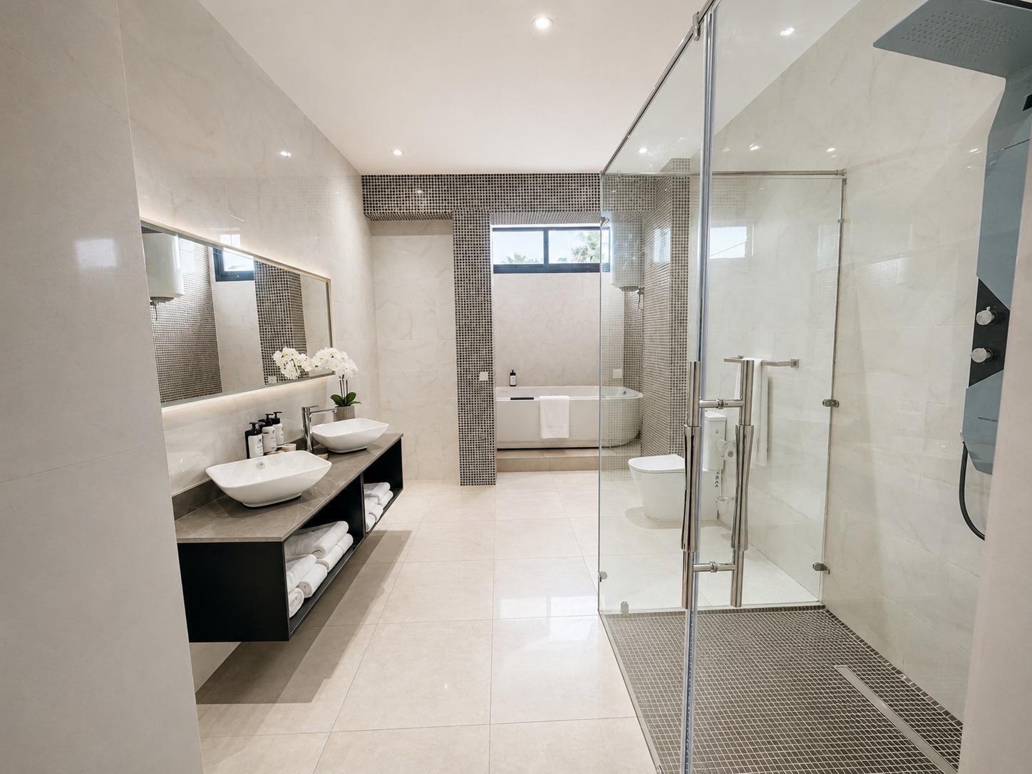 Suite SO'MOON — la salle de bain : double vasque, miroir et douche vitrée