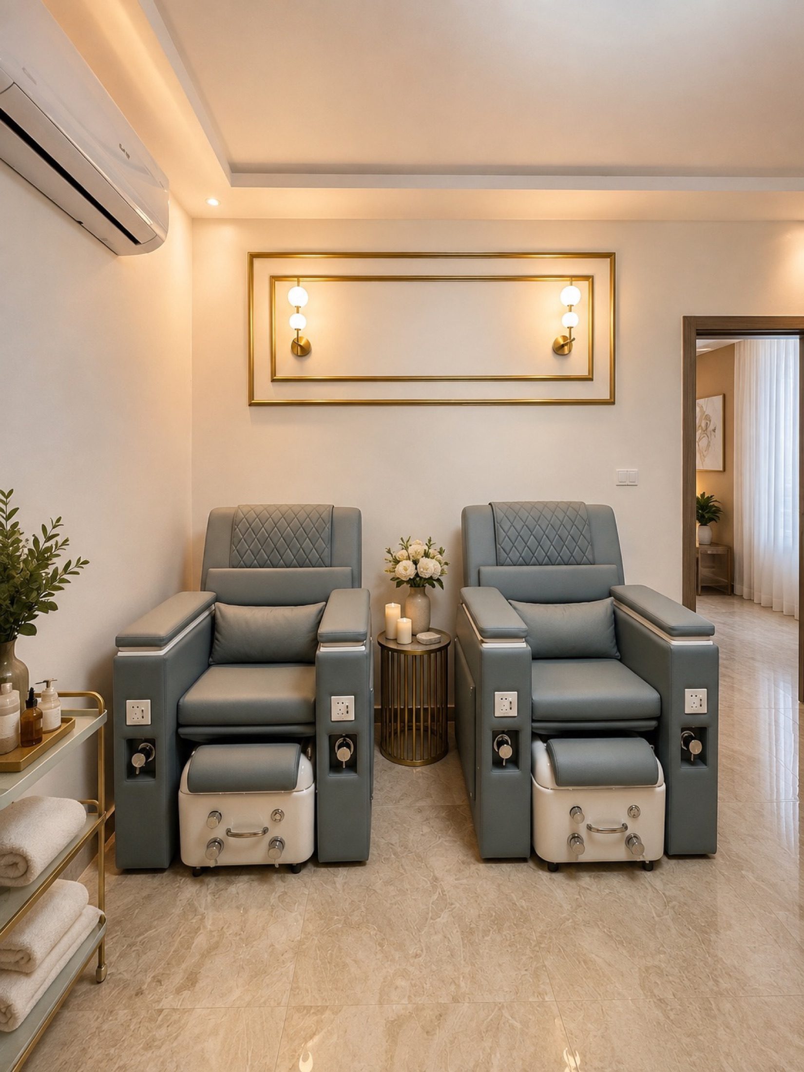 Beauté & Spa SO'MOON — deux fauteuils de pédicure et leurs bacs, sous un miroir doré