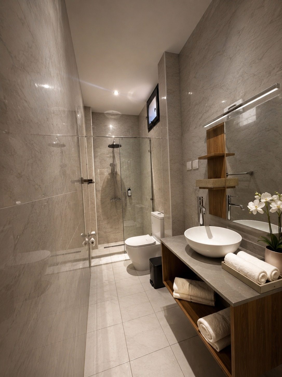 Suite SO'MOON — la douche vitrée et la vasque, en hauteur
