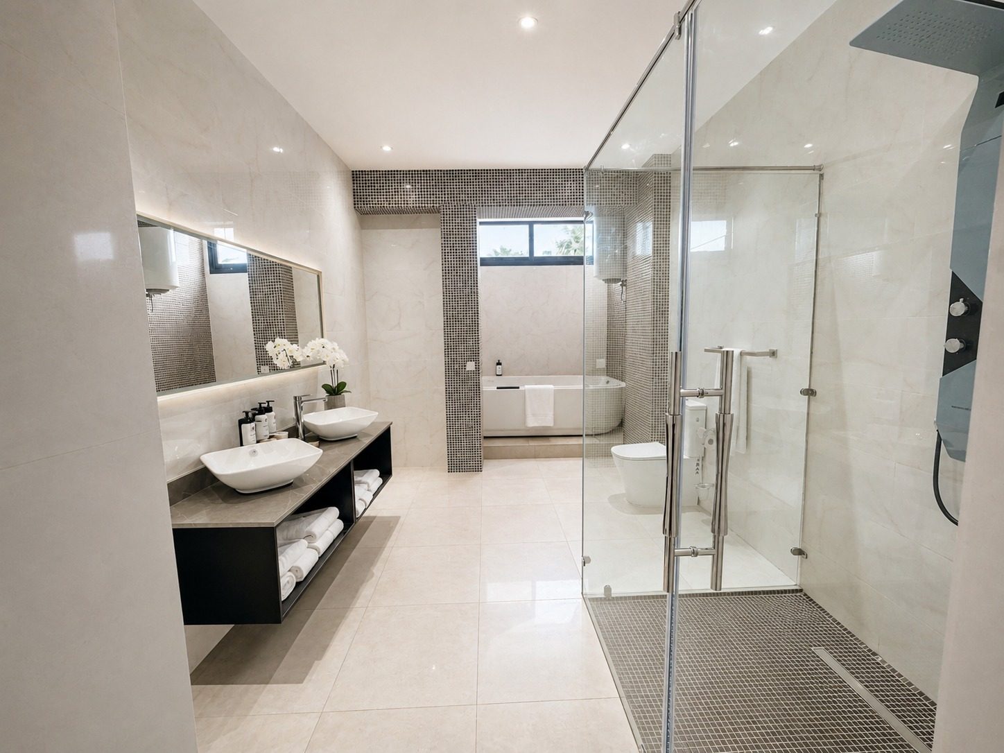 Suite SO'MOON — la salle de bain : double vasque, miroir et douche vitrée