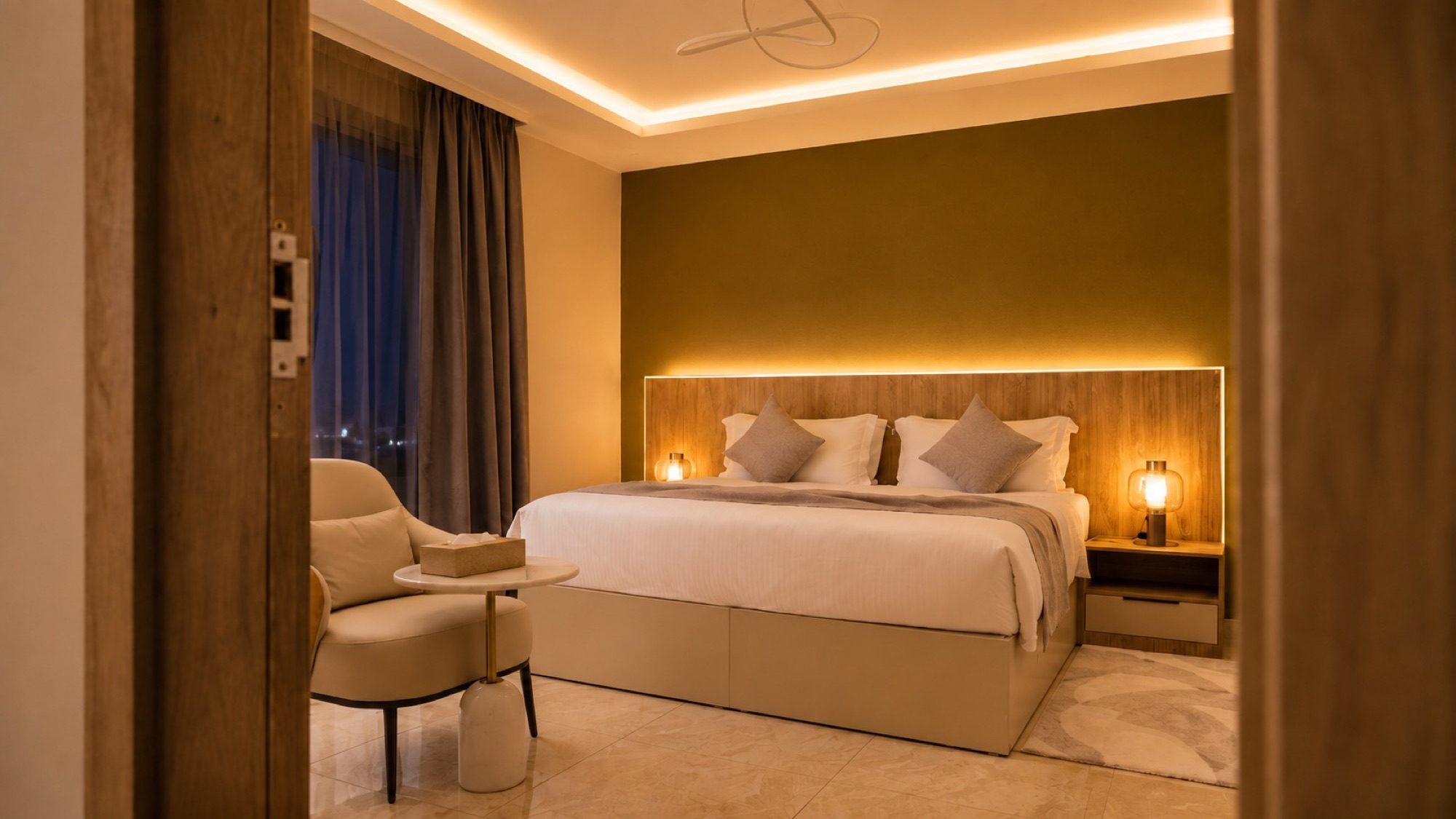 Chambre Standard — vue depuis l'entrée — de nuit